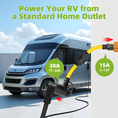 RV 30 Amp to 110V Adapter with Overload Protection Circuit Breaker, 3-Prong 15/20 Amp NEMA 5-15P Household Plug to 30 Amp NEMA TT-30R Female Connector