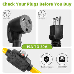 RV 30 Amp to 110V Adapter with Overload Protection Circuit Breaker, 3-Prong 15/20 Amp NEMA 5-15P Household Plug to 30 Amp NEMA TT-30R Female Connector