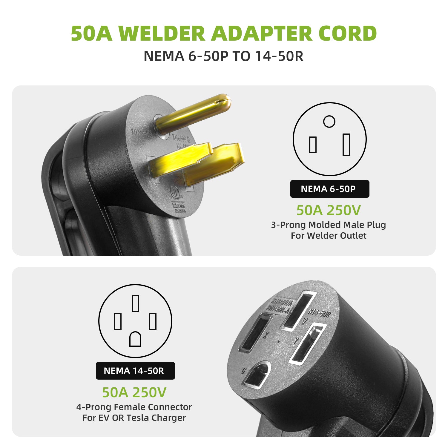 NEMA 6-50P to 14-50R EV Charger Adapter Cord for Level 2 EV Charging, 250V 50 Amp 3 Prong Welder Plug to 4 Prong EV Charging Connector, ETL Listed Heavy Duty 8 Gauge 1.5Feet (Not RV) Secondary image