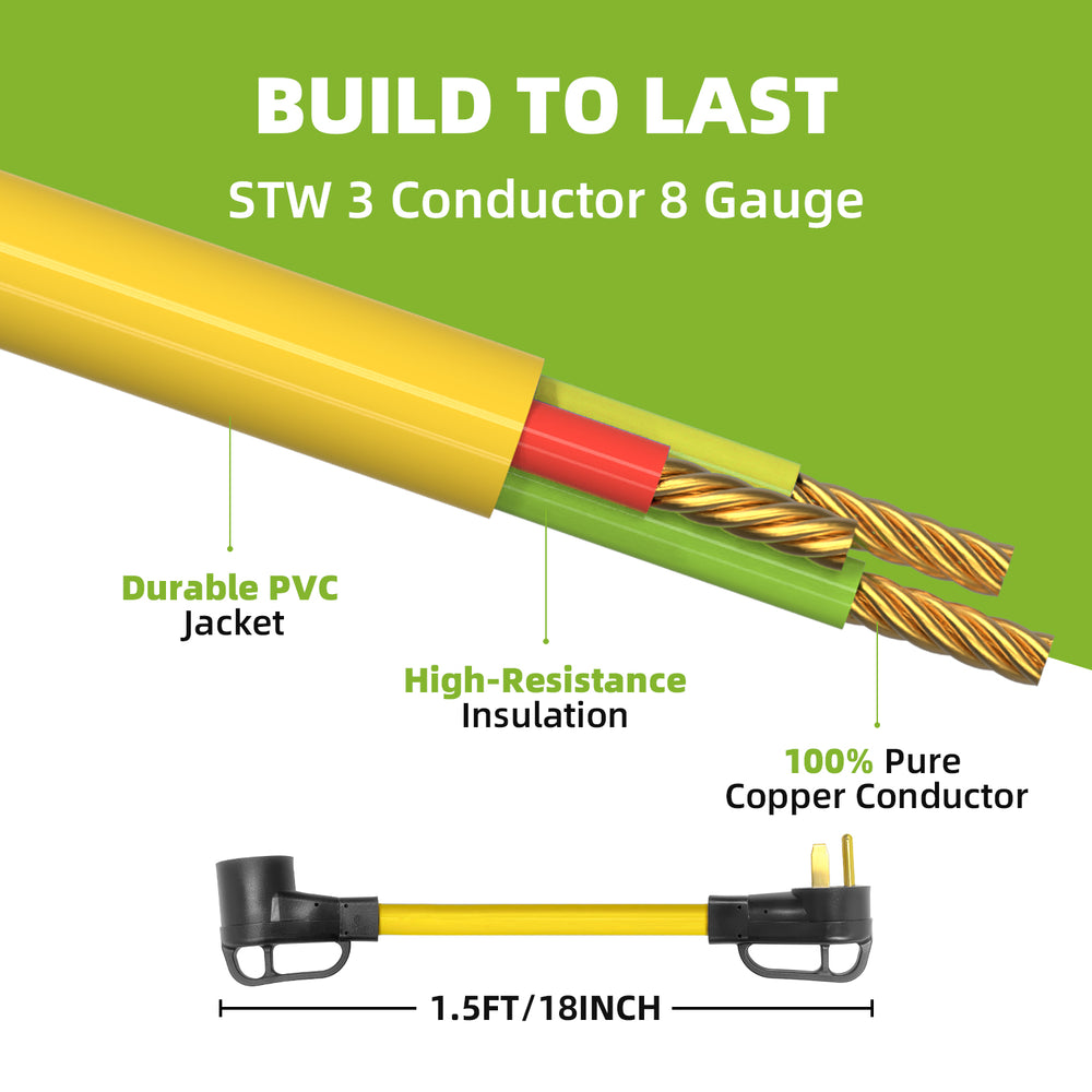 NEMA 6-50P to 14-50R EV Charger Adapter Cord 1.5FT Heavy Duty 8 AWG 125V 250V - portvoi.com