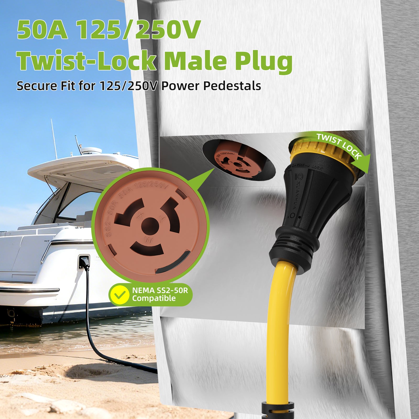 NEMA SS2-50P to Dual L5-30R Marine Shore Power Y Splitter Cord