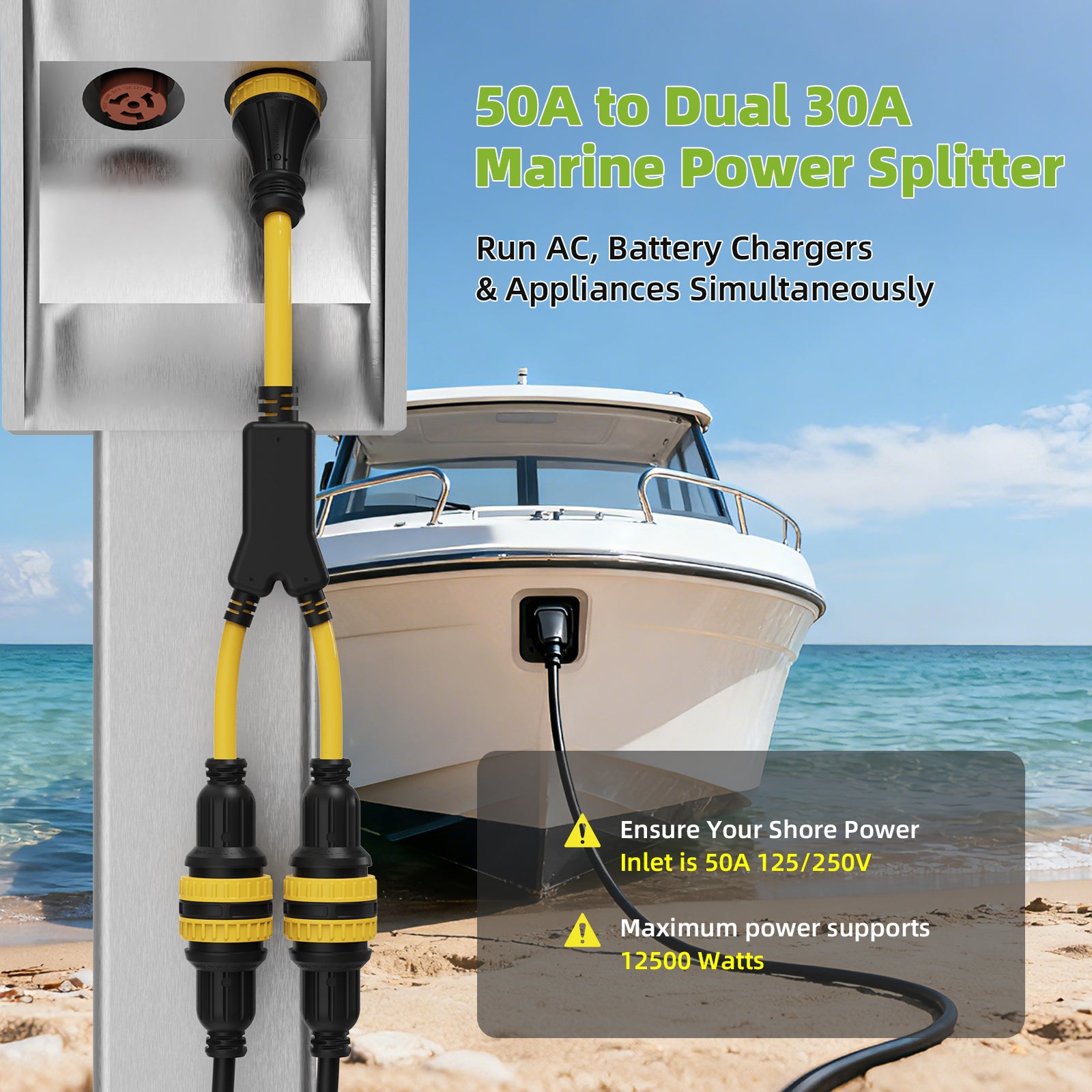 NEMA SS2-50P to Dual L5-30R Marine Shore Power Y Splitter Cord