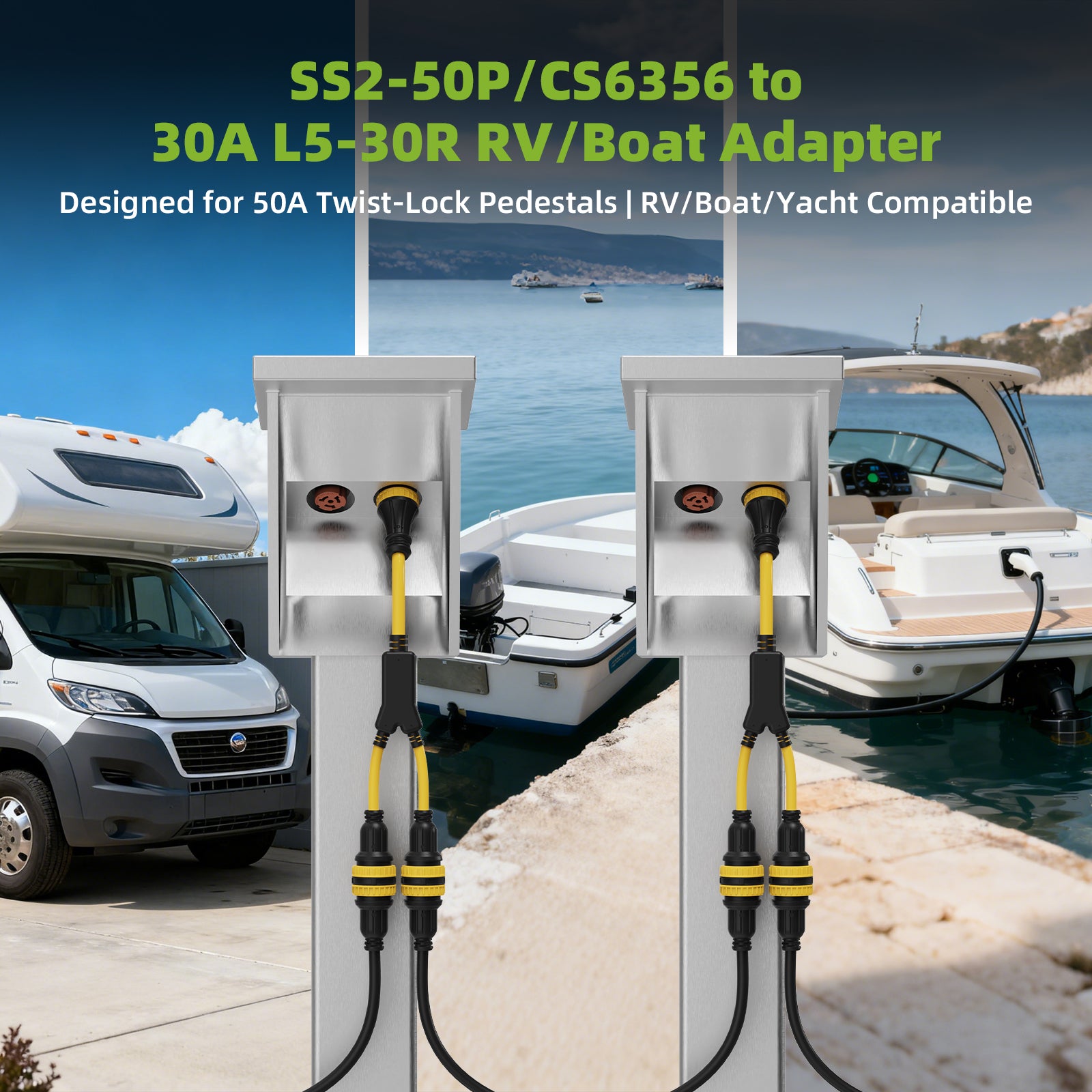 NEMA SS2-50P to Dual L5-30R Marine Shore Power Y Splitter Cord