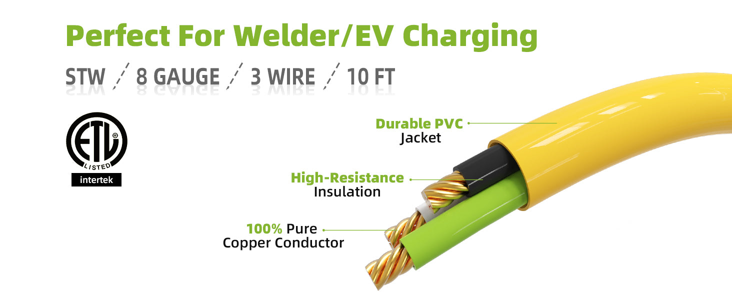Portvoi 50 Amp NEMA 14-50P To 6-50R Welding Extension Cord 10FT STW 8/3C AWG Copper Wire