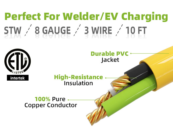 Portvoi 50 Amp NEMA 14-50P To 6-50R Welding Extension Cord 10FT Heavy Duty STW 8/3C AWG Copper Wire