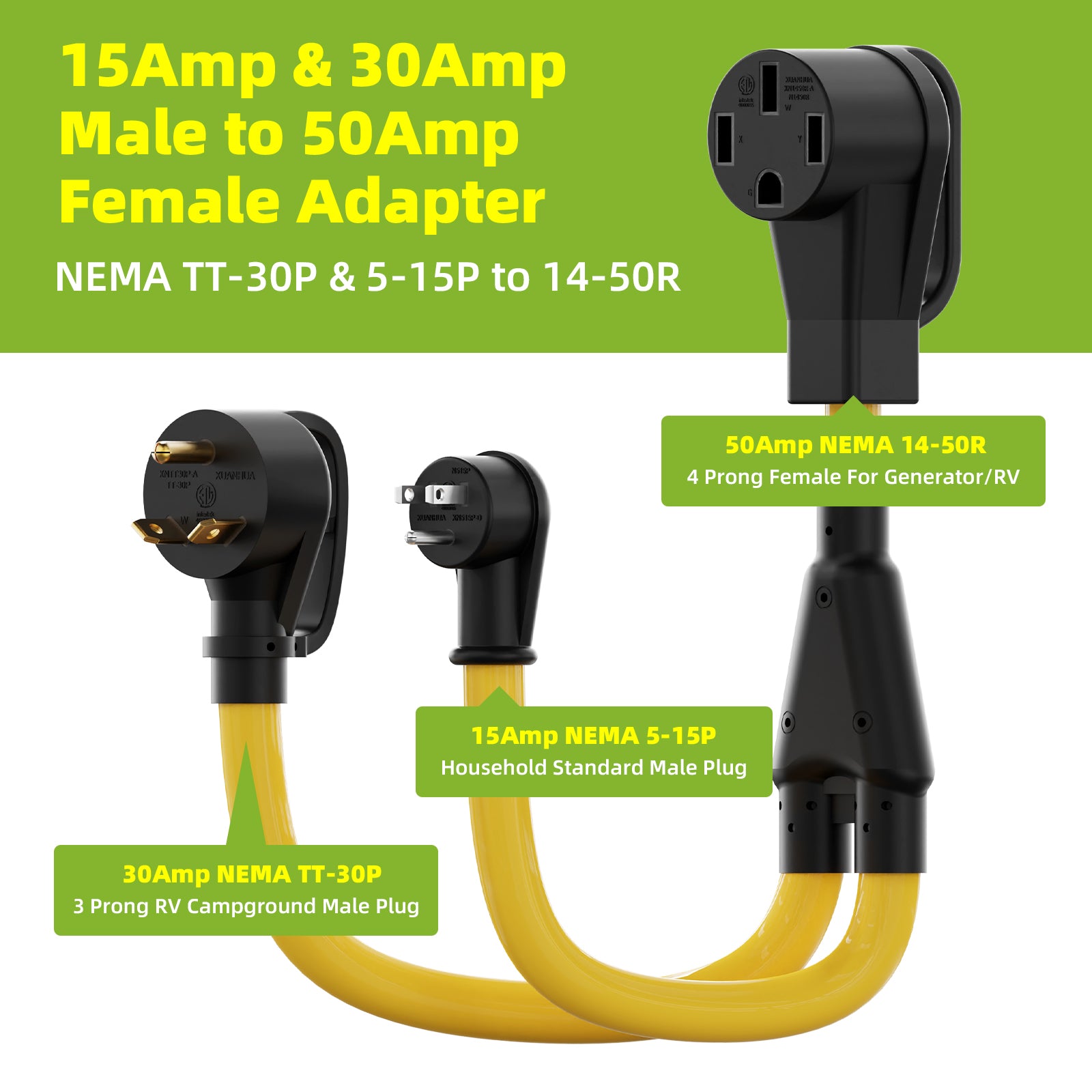 Portvoi 15/30Amp to 50 Amp RV Adapter for Camper NEMA 5-15 & TT-30 to 14-50R For Campground Travel Van Trailer - 2