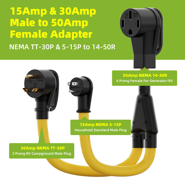 Portvoi 15/30Amp to 50 Amp RV Adapter for Camper NEMA 5-15 & TT-30 to 14-50R For Campground Travel Van Trailer - 2