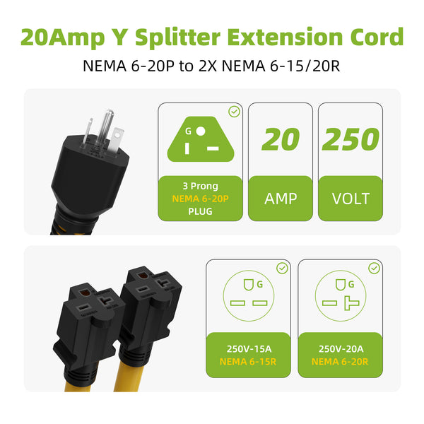 Portvoi 20Amp NEMA 6-20P to 2X 6-20R Y Splitter for EV Air Conditioner
