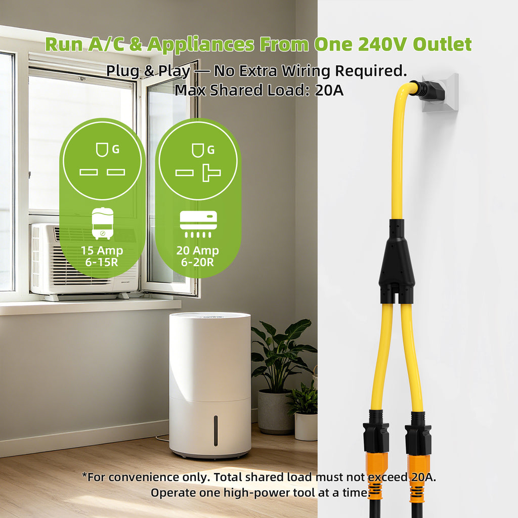 Portvoi 20Amp NEMA 6-20P to 2X 6-20R Y Splitter for EV Air Conditioner