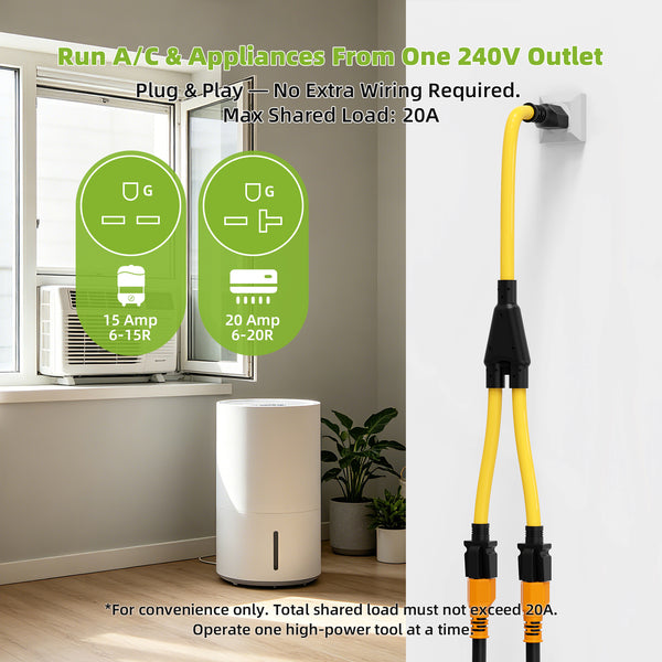 Portvoi 20Amp NEMA 6-20P to 2X 6-20R Y Splitter for EV Air Conditioner