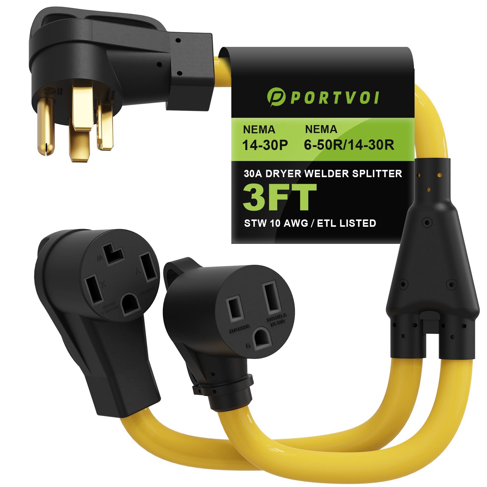30 Amp Dryer Y Splitter NEMA 14-30P to 14-30R & 6-50R Power Adapter Cord