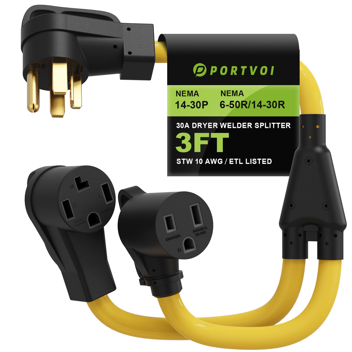 30 Amp Dryer Y Splitter NEMA 14-30P to 14-30R & 6-50R Power Adapter Cord