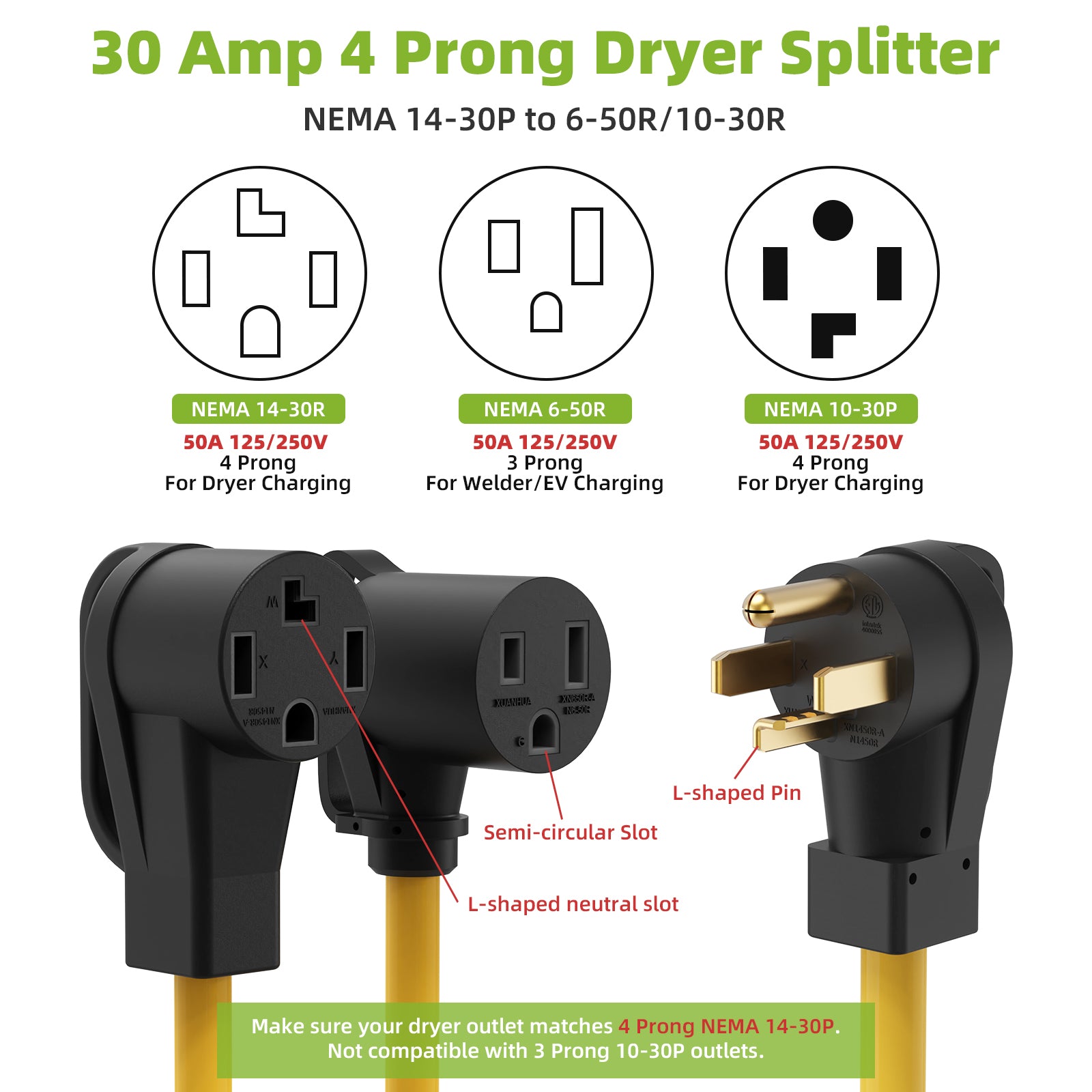 30 Amp Dryer Y Splitter NEMA 14-30P to 14-30R & 6-50R Power Adapter Cord Secondary image