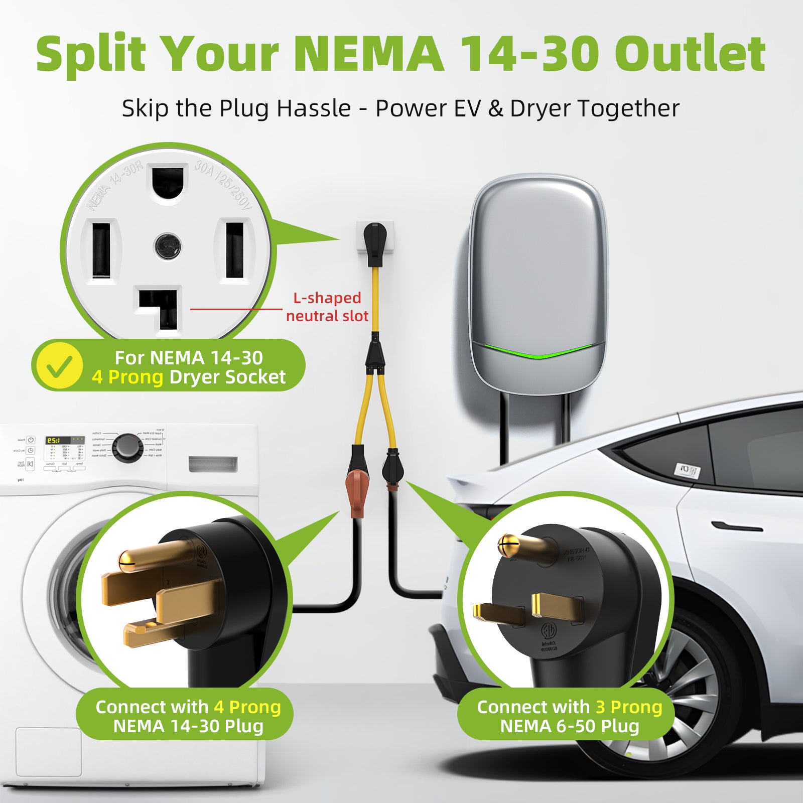 30 Amp Dryer Y Splitter NEMA 14-30P to 14-30R & 6-50R Power Adapter Cord
