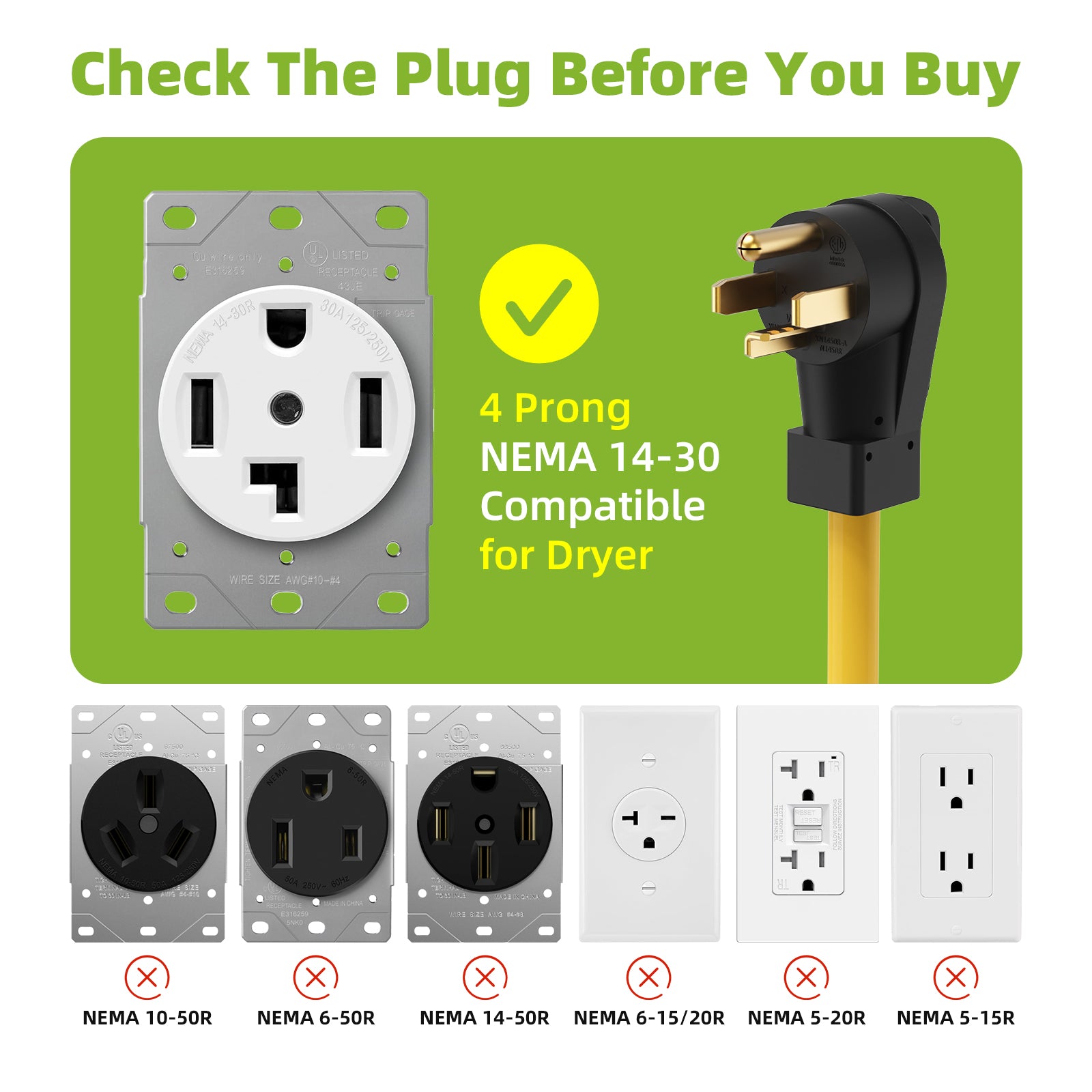 30 Amp Dryer Y Splitter NEMA 14-30P to 14-30R & 6-50R Power Adapter Cord