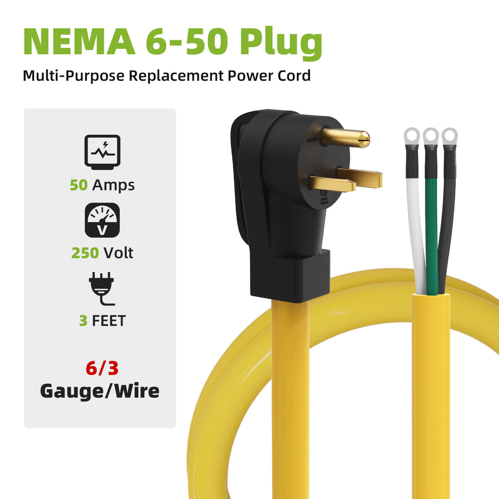Portvoi 50A 3-Prong NEMA6-50P Welder Pigtail Power Cord with Ring Terminals 6AWG