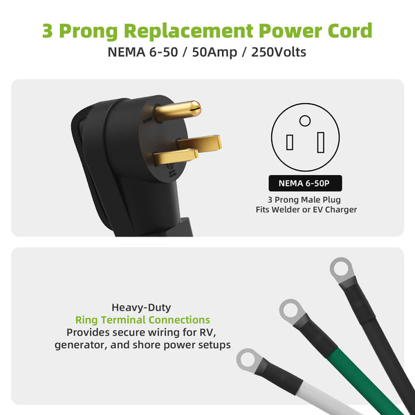 Portvoi 50A 3-Prong NEMA6-50P Welder Pigtail Power Cord with Ring Terminals 6AWG