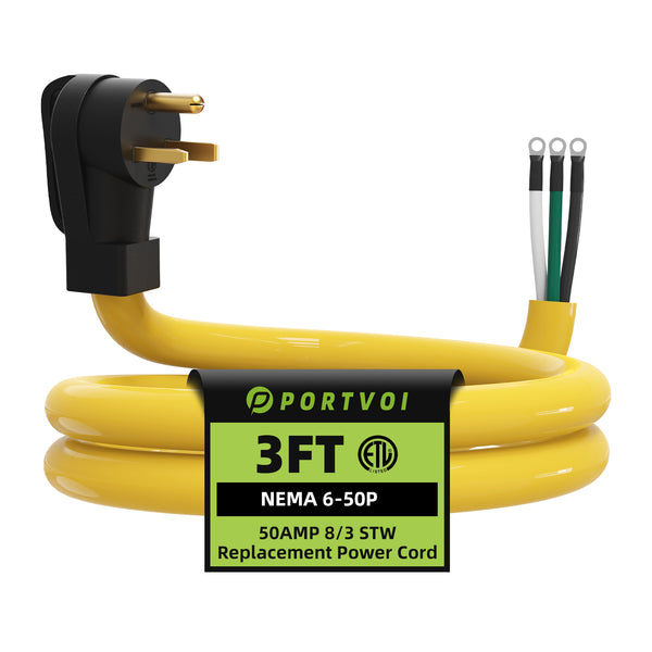 Portvoi 50A 3-Prong NEMA6-50P Welder Pigtail Power Cord with Ring Terminals 8AWG