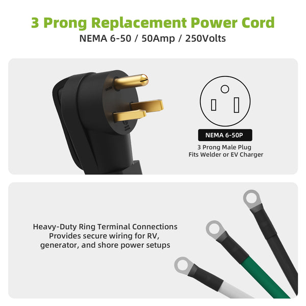 Portvoi 50A 3-Prong NEMA6-50P Welder Pigtail Power Cord with Ring Terminals 8AWG