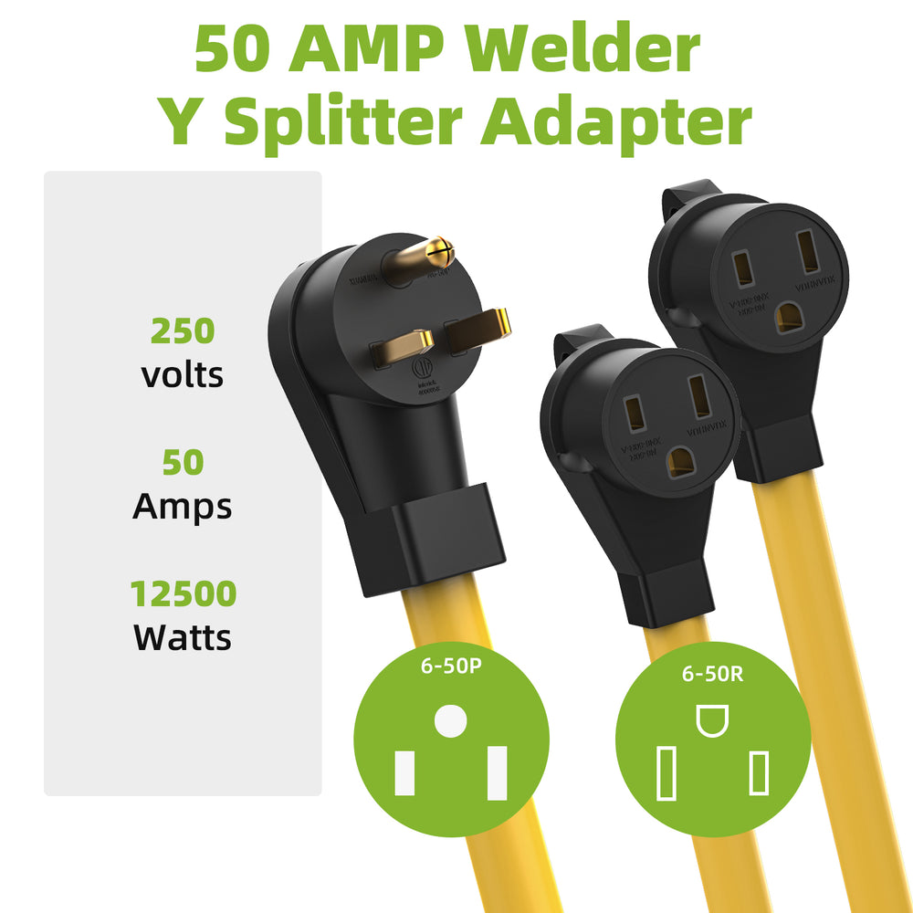 50 Amp Welder Splitter Adapter Cord, 3 Prong 250V NEMA 6-50 Male Plug to 2X 6-50R with Grip Handle, ETL Listed Heavy Duty STW 6 AWG 3FT Extesion Cord Splitter for Welder EV Charger