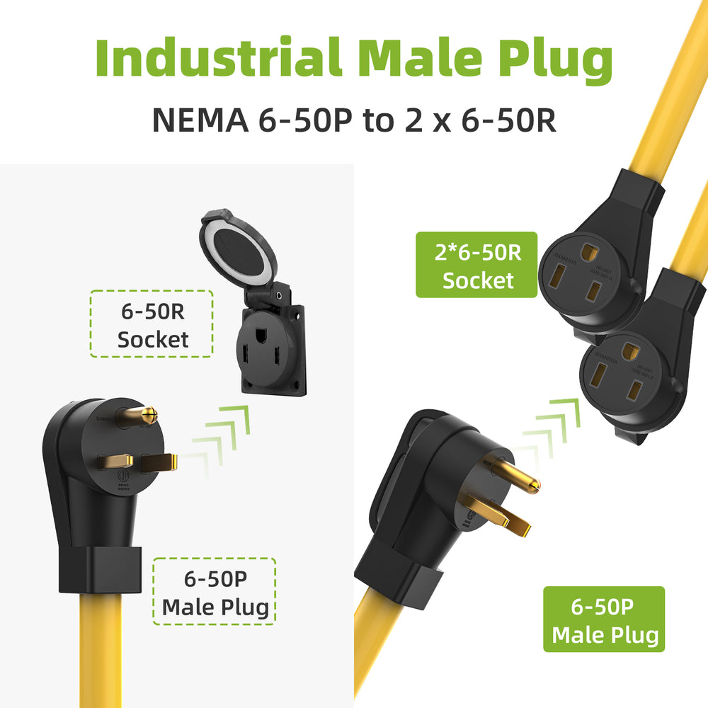 50 Amp Welder Splitter Adapter Cord, 3 Prong 250V NEMA 6-50 Male Plug to 2X 6-50R with Grip Handle, ETL Listed Heavy Duty STW 6 AWG 3FT Extesion Cord Splitter for Welder EV Charger