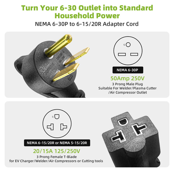Portvoi 30 Amp NEMA 6-30P to 6-20/15R & 5-20/15R Adapter Cord