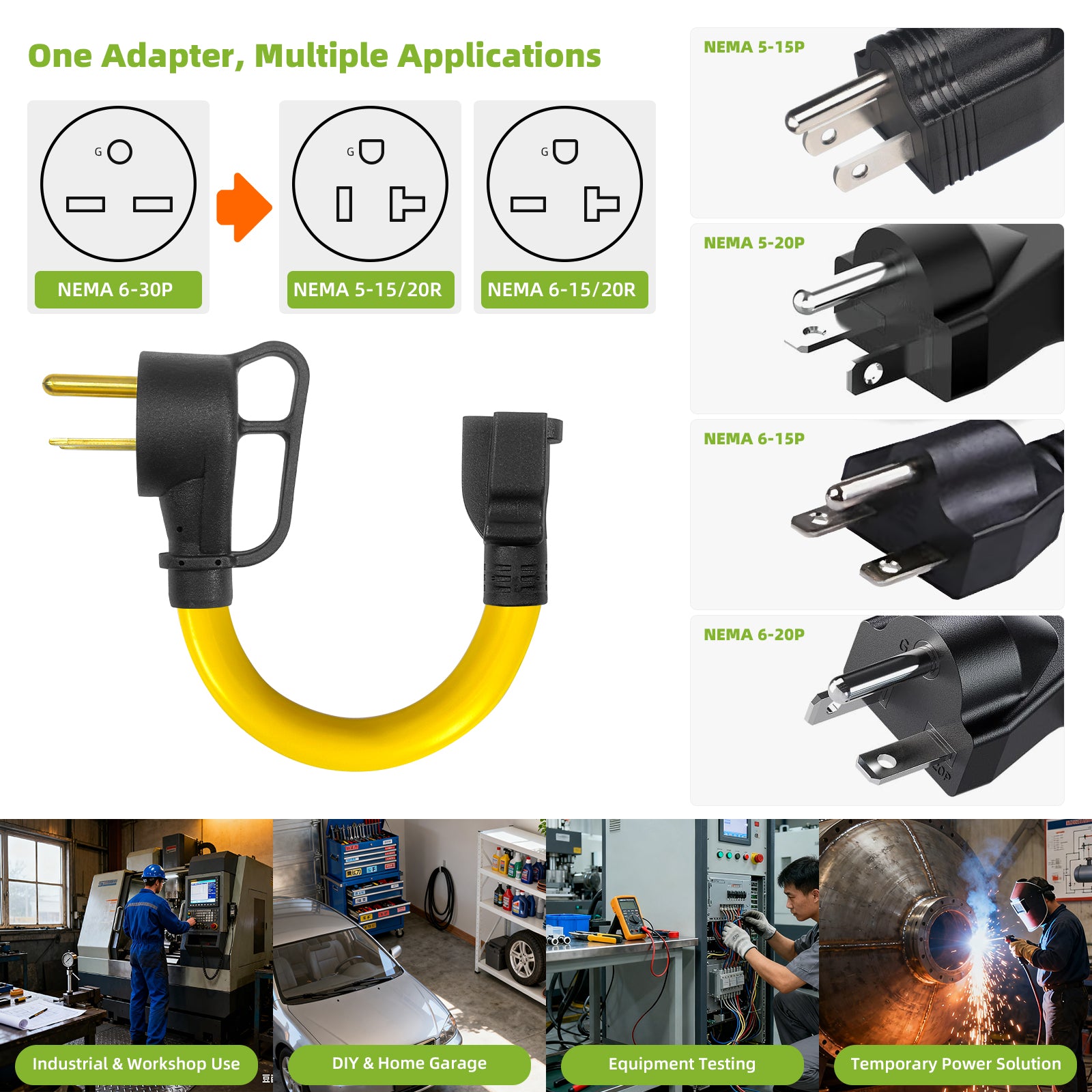 Portvoi 30 Amp NEMA 6-30P to 6-20/15R & 5-20/15R Adapter Cord