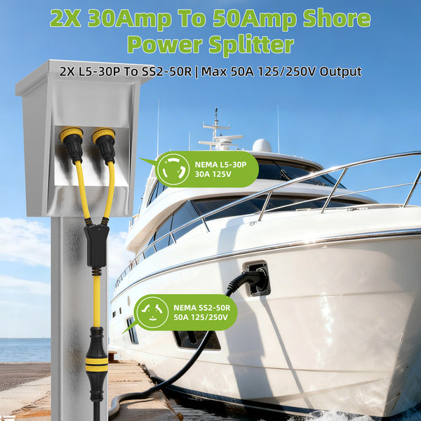 NEMA 2X L5-30P to SS2-50R Marine Shore Power Adapter Cord