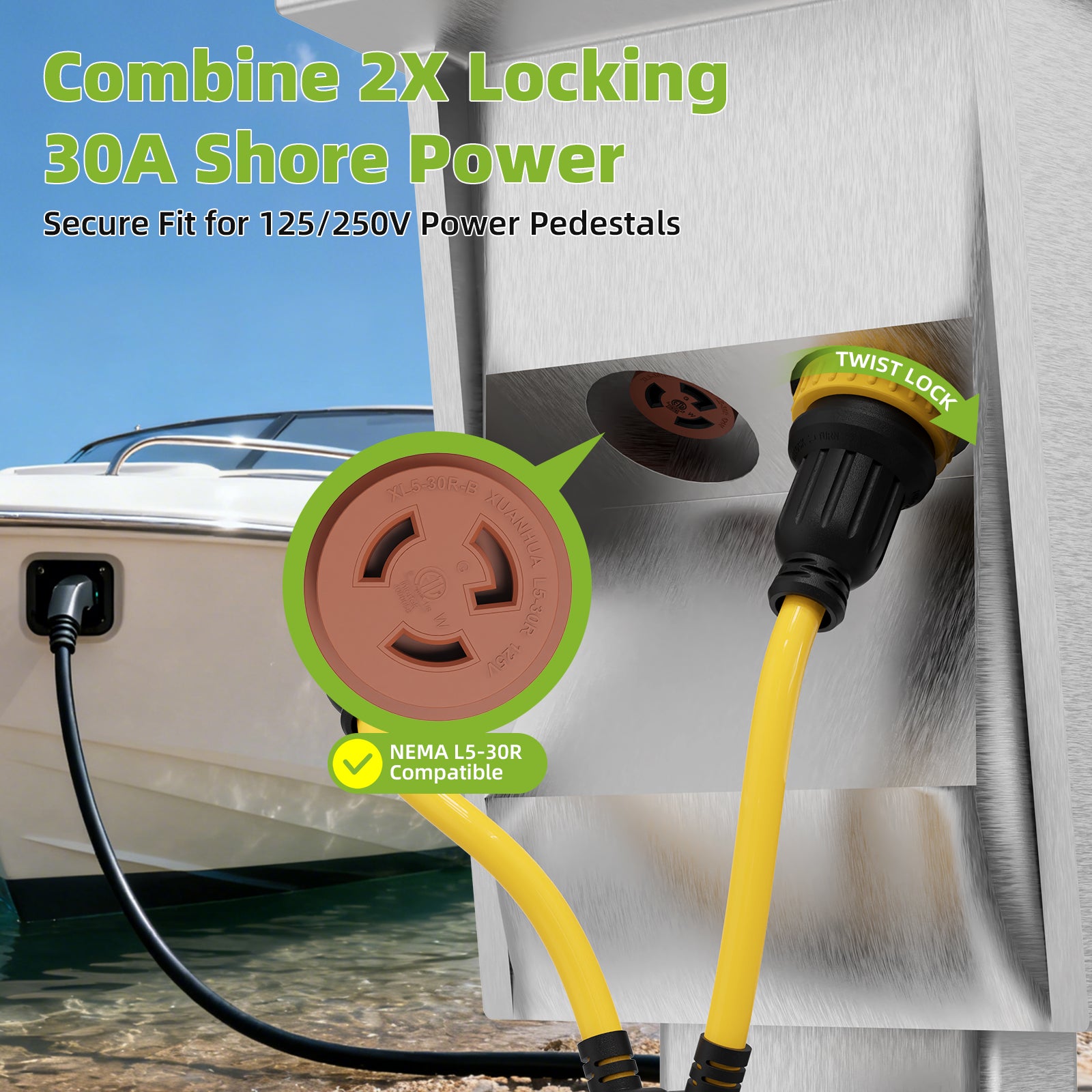 NEMA 2X L5-30P to SS2-50R Marine Shore Power Adapter Cord