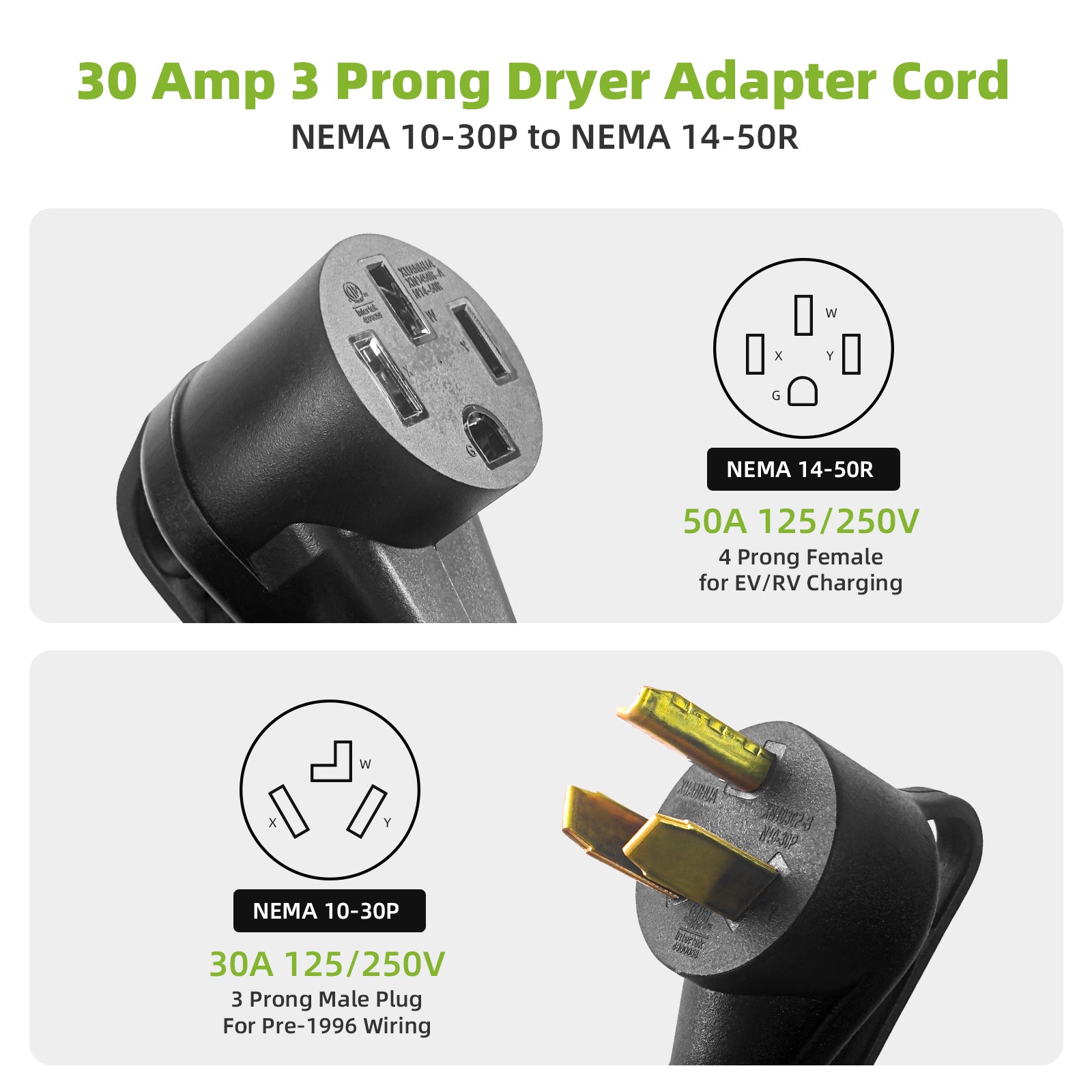NEMA 10-30P to 14-50R EV & RV Adapter Cord with 8 ft Ground Wire