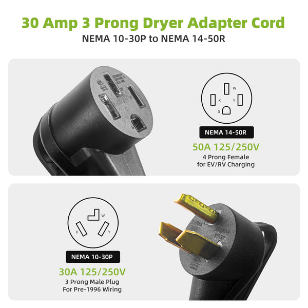 NEMA 10-30P to 14-50R EV & RV Adapter Cord with 8 ft Ground Wire