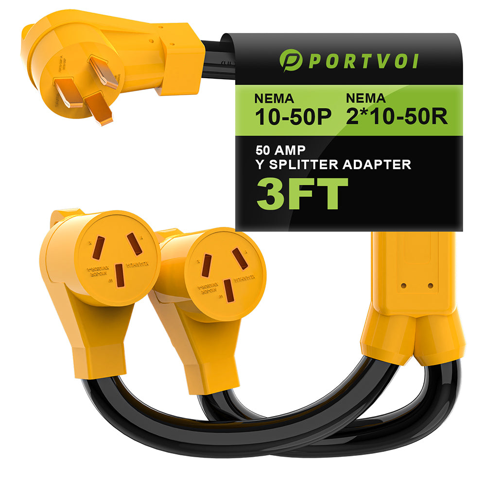 Portvoi NEMA 10-50 Splitter Cord, 6 Gauge 240V Splitter Industrial Male Plug 10-50P to (2) 10-50R Female connectors, 6 AWG, 3 feet Main image