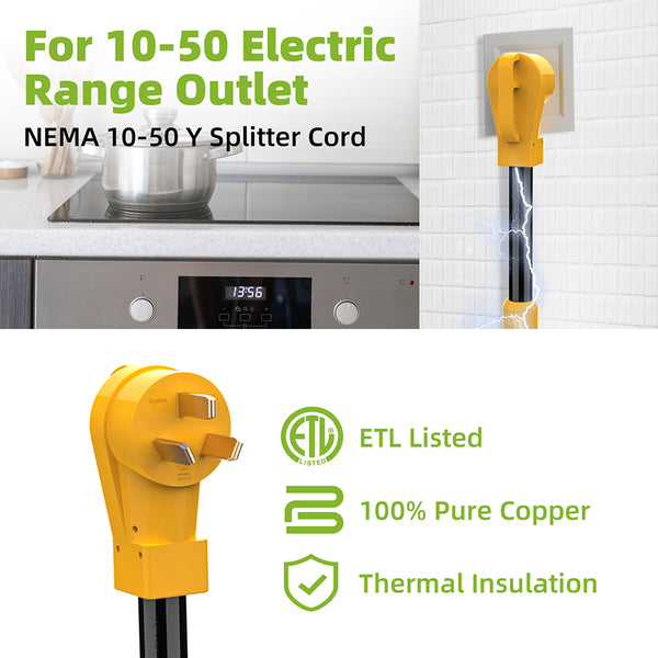 Portvoi NEMA 10-50 Splitter Cord, 6 Gauge 240V Splitter Industrial Male Plug 10-50P to (2) 10-50R Female connectors, 6 AWG, 3 feet