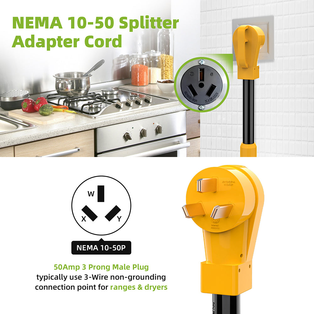 Portvoi NEMA 10-50 Splitter Cord, 6 Gauge 240V Splitter Industrial Male Plug 10-50P to (2) 10-50R Female connectors, 6 AWG, 3 feet