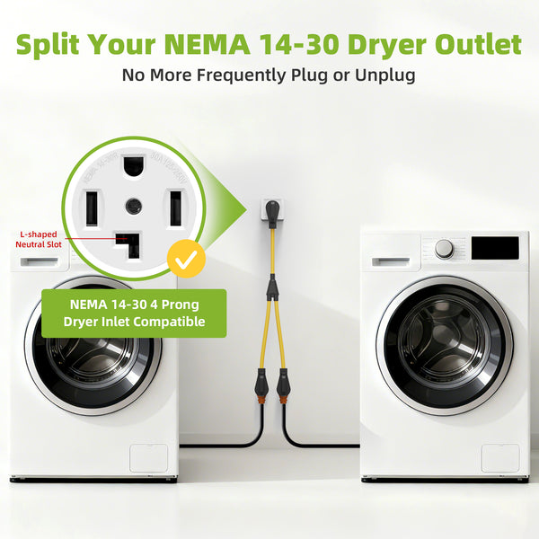 NEMA 14-30P to 2X 14-30R | 30Amp 4 Prong Dryer Plug Splitter Adapter for EV/RV Charging