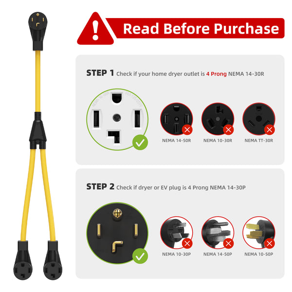NEMA 14-30P to 2X 14-30R | 30Amp 4 Prong Dryer Plug Splitter Adapter for EV/RV Charging