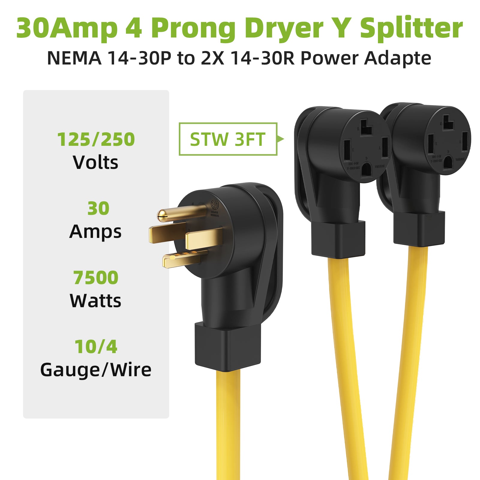NEMA 14-30P to 2X 14-30R | 30Amp 4 Prong Dryer Plug Splitter Adapter for EV/RV Charging