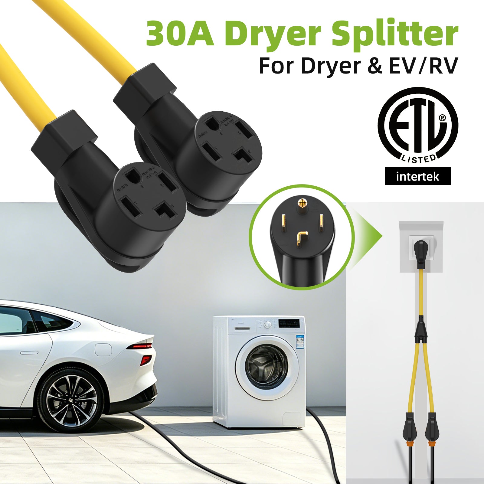 NEMA 14-30P to 2X 14-30R | 30Amp 4 Prong Dryer Plug Splitter Adapter for EV/RV Charging