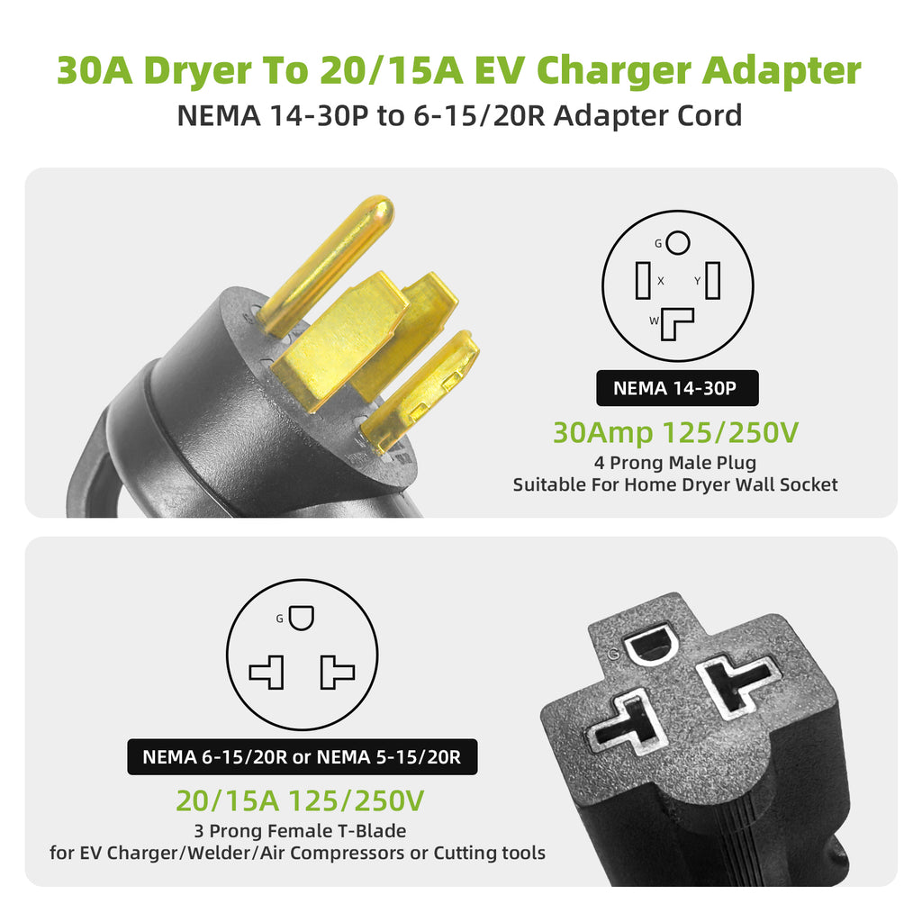 NEMA 14-30P to 6-20/15R & 5-20/15R Dryer Adapter Cord