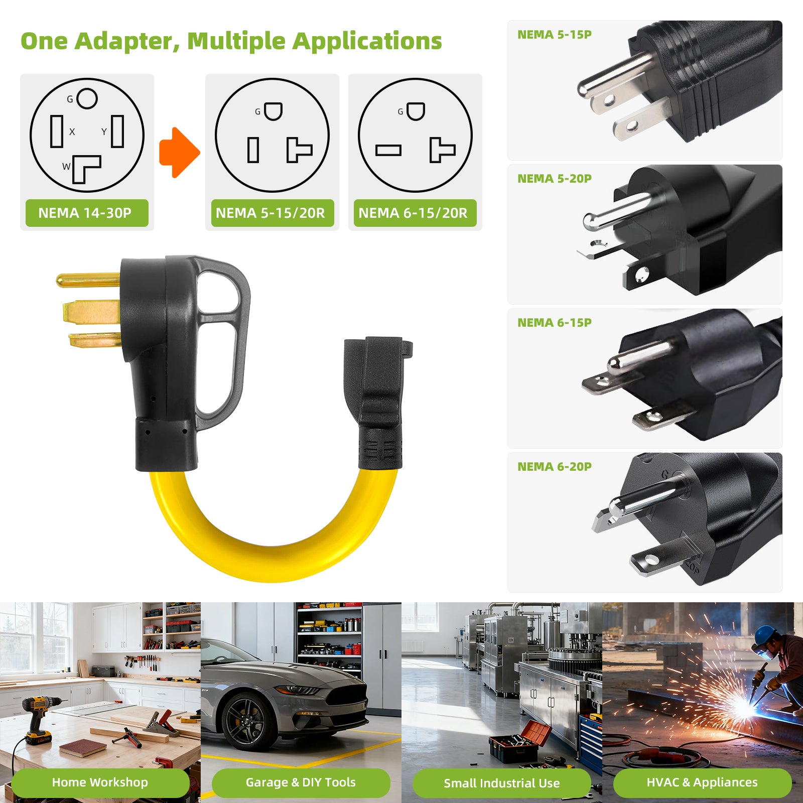 NEMA 14-30P to 6-20/15R & 5-20/15R Dryer Adapter Cord