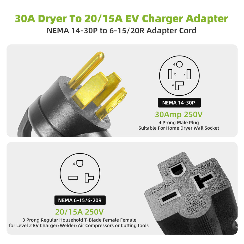 Portvoi NEMA 14-30P to 6-20/6-15R, 30Amp to 20/15Amp Adapter Cord