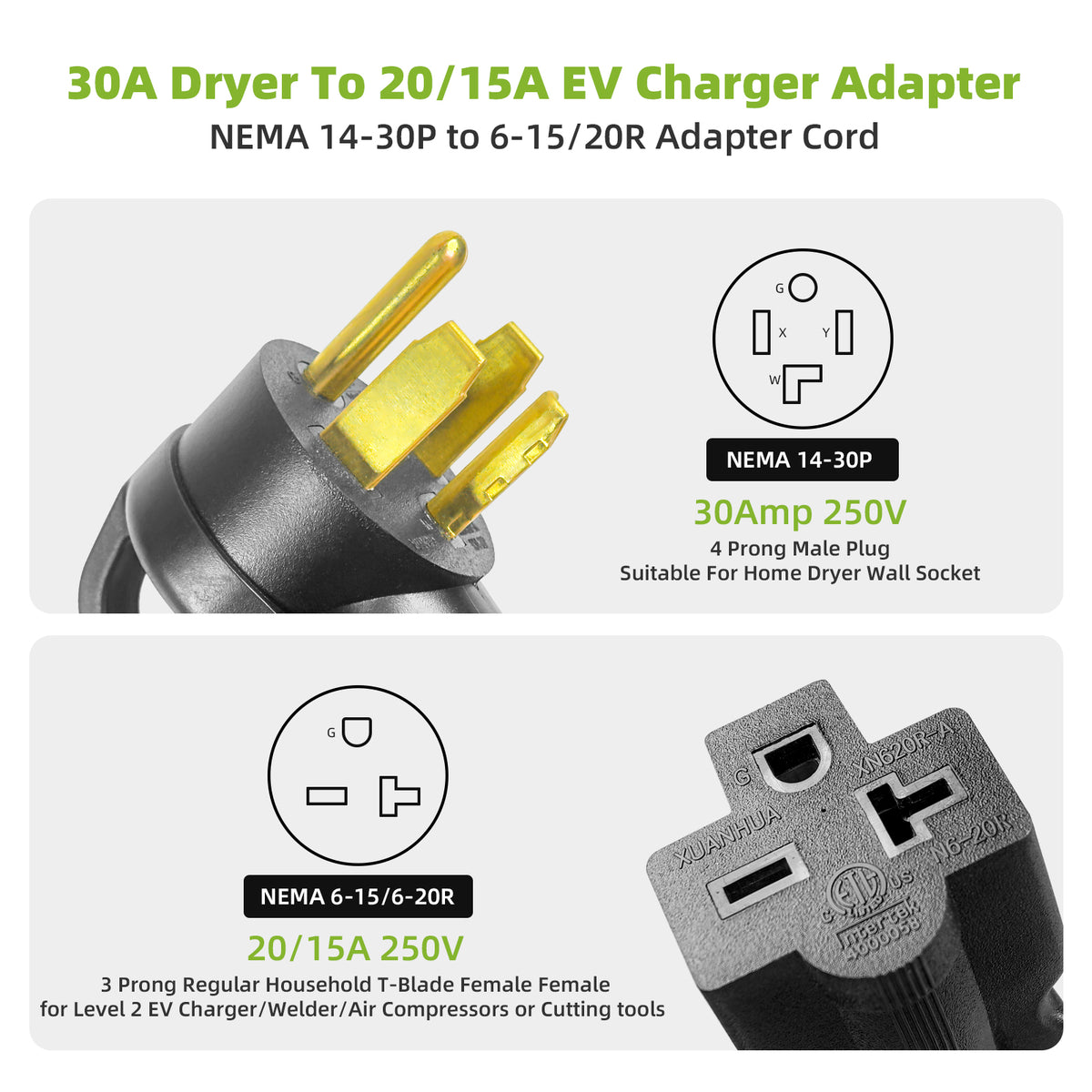 Portvoi NEMA 14-30P to 6-20/6-15R, 30Amp to 20/15Amp Adapter Cord