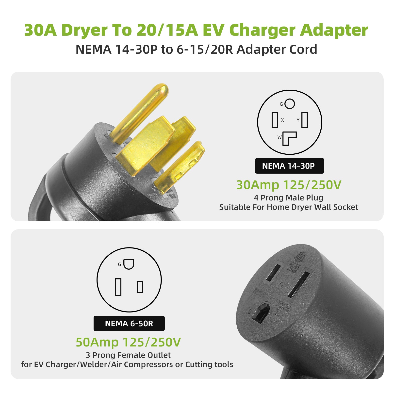 NEMA 14-30P to 6-50R Welder Adapter Cord for Dryer Outlet