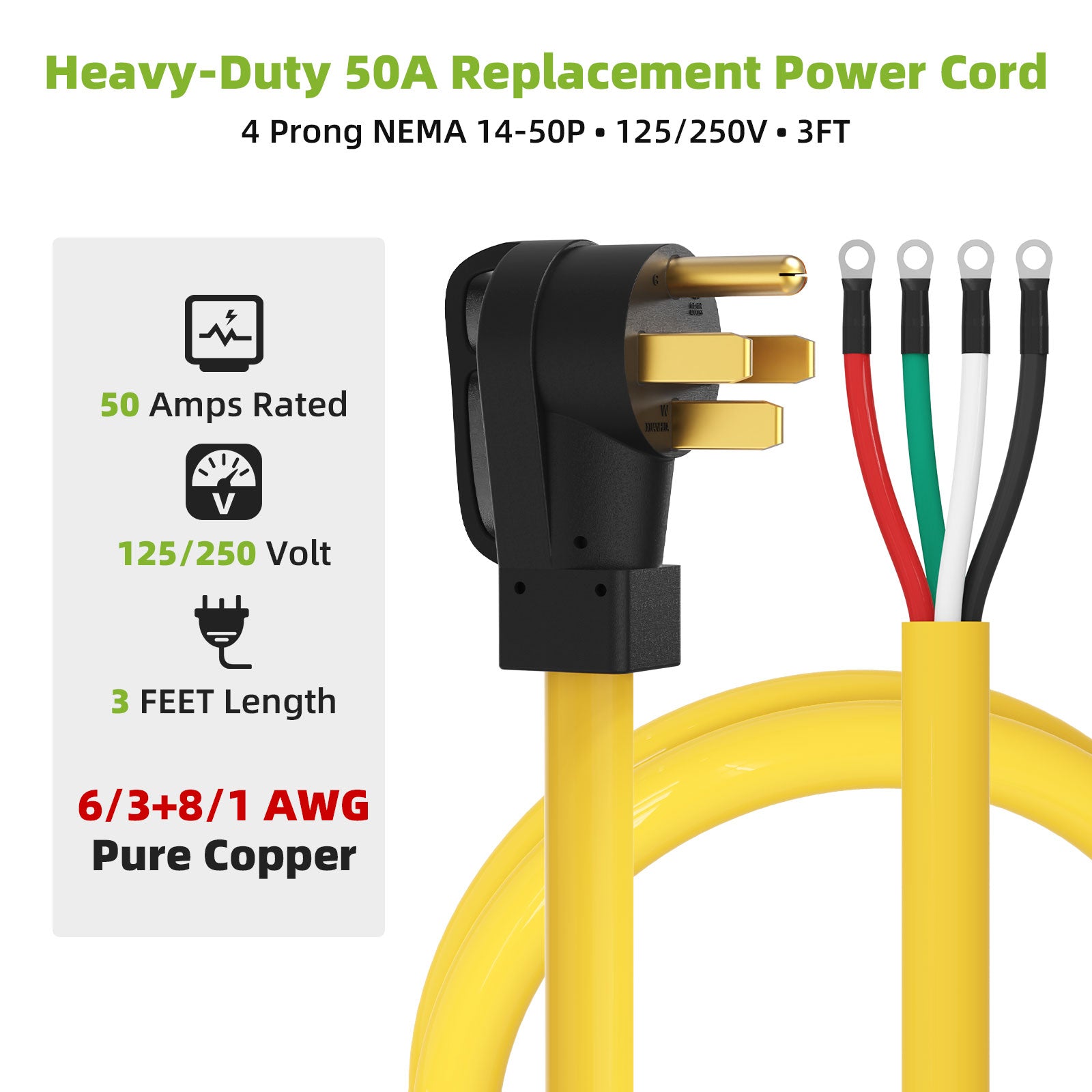 Portvoi NEMA 14-50P Pigtail Power Cord, 50 Amp Replacement Power Cord with Open End Bare Wire Secondary image