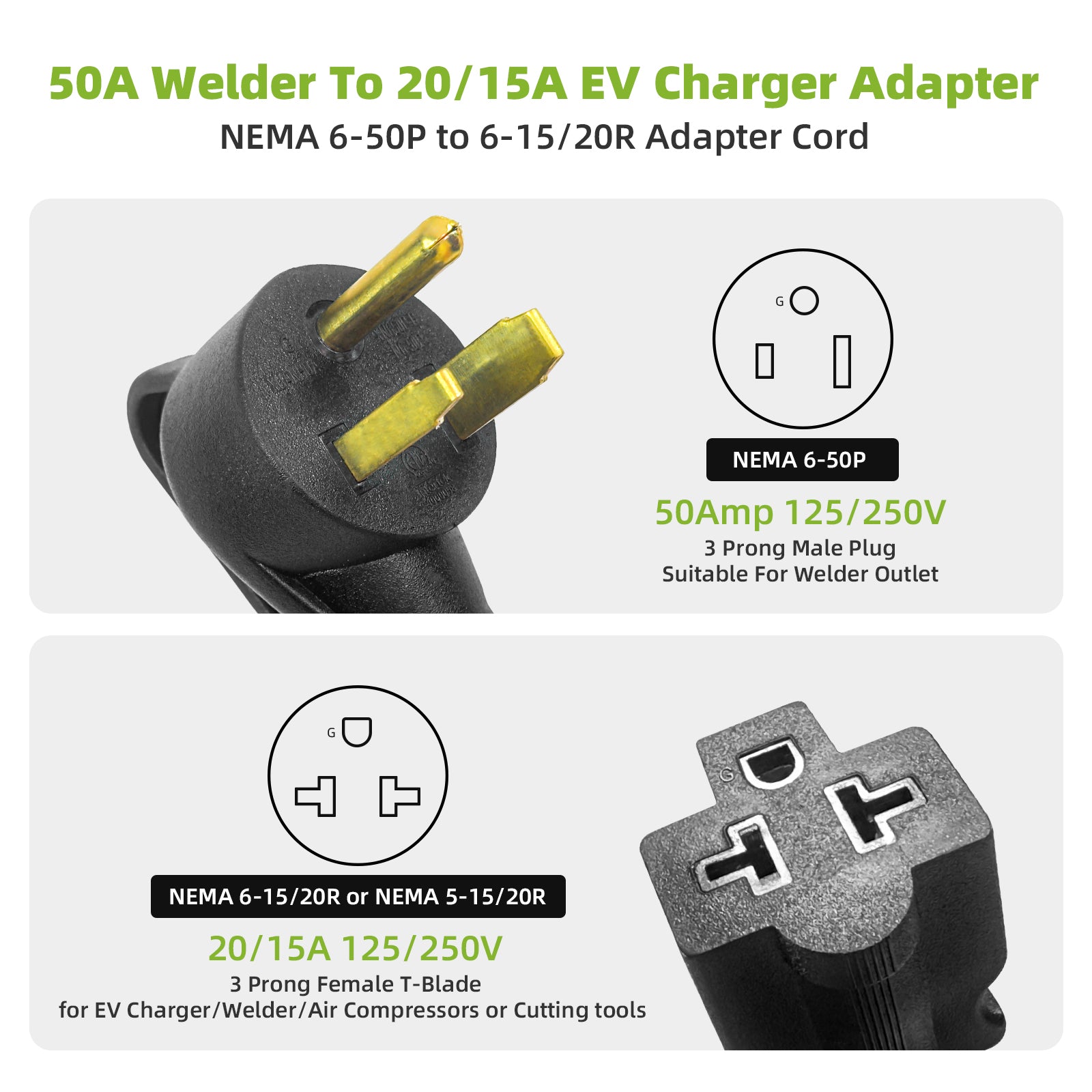 NEMA 6-50P to 6-20/15R or 5-20/15R Welder EV Adapter Cord Secondary image