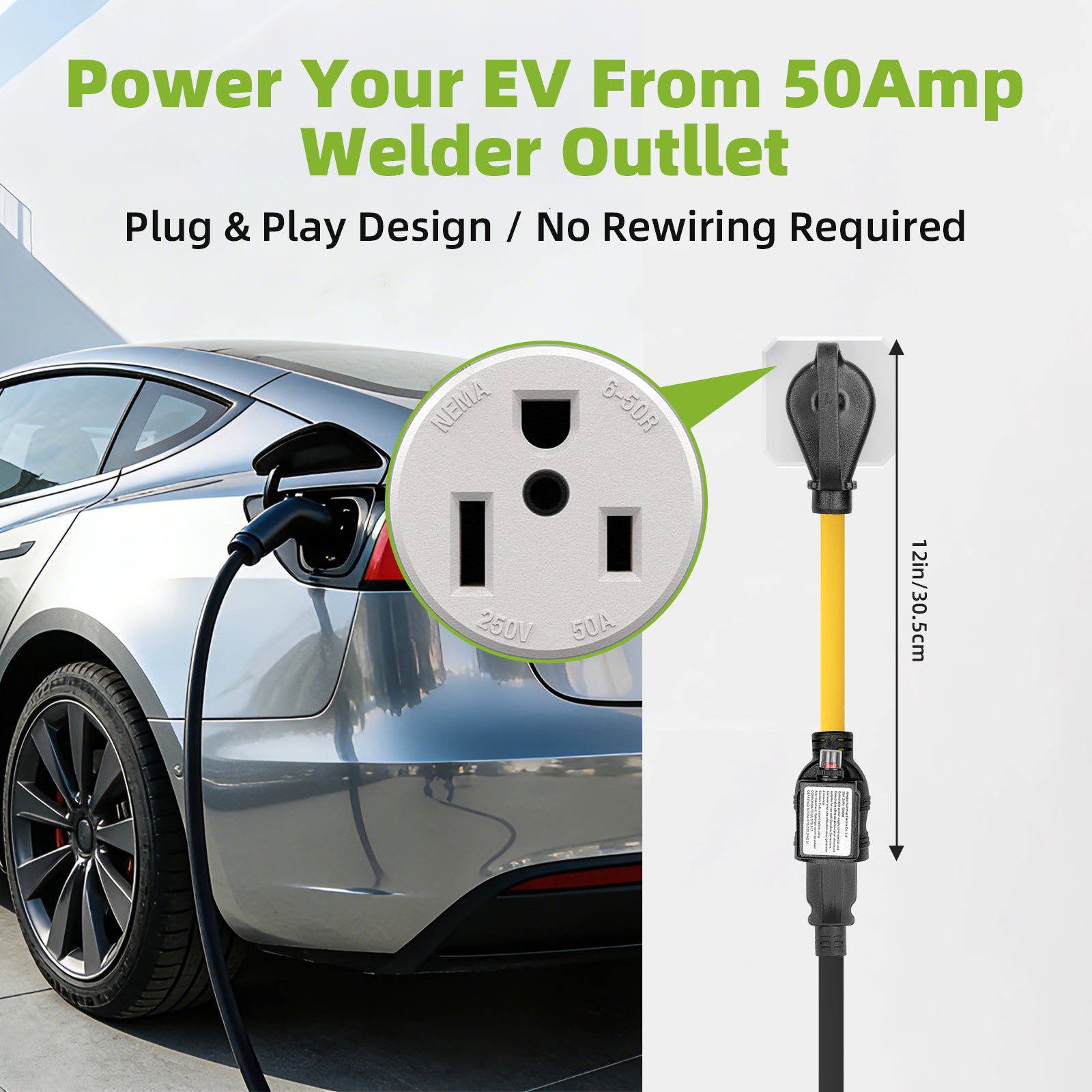 NEMA 6-50P to 6-20/15R or 5-20/15R EV Charger Adapter with Built-in Breaker