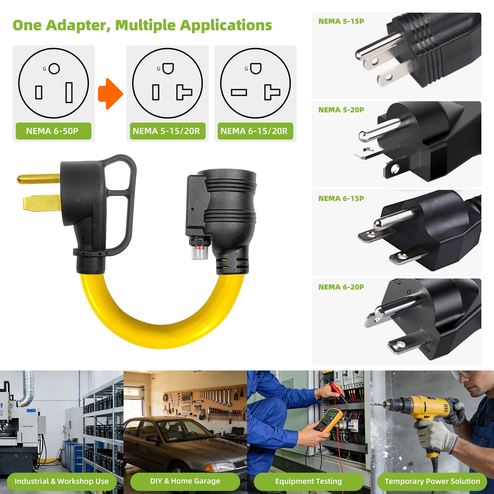 NEMA 6-50P to 6-20/15R or 5-20/15R EV Charger Adapter with Built-in Breaker