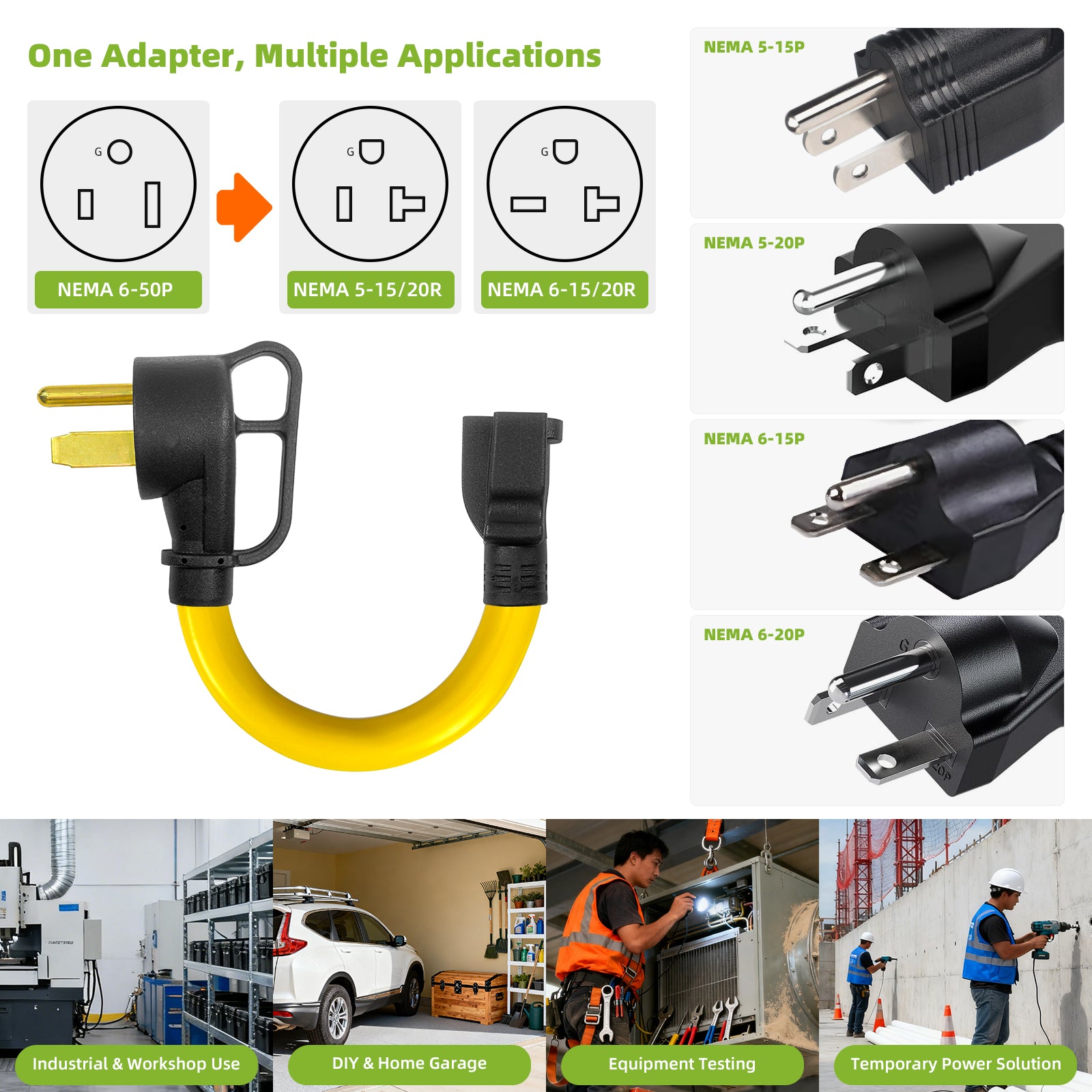 NEMA 6-50P to 6-20/15R or 5-20/15R Welder EV Adapter Cord