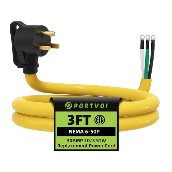 Portvoi NEMA 6-50 Welder Replacement Power Cord with Bare End 10AWG