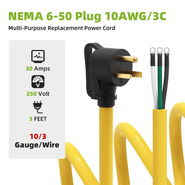 Portvoi NEMA 6-50 Welder Replacement Power Cord with Bare End 10AWG